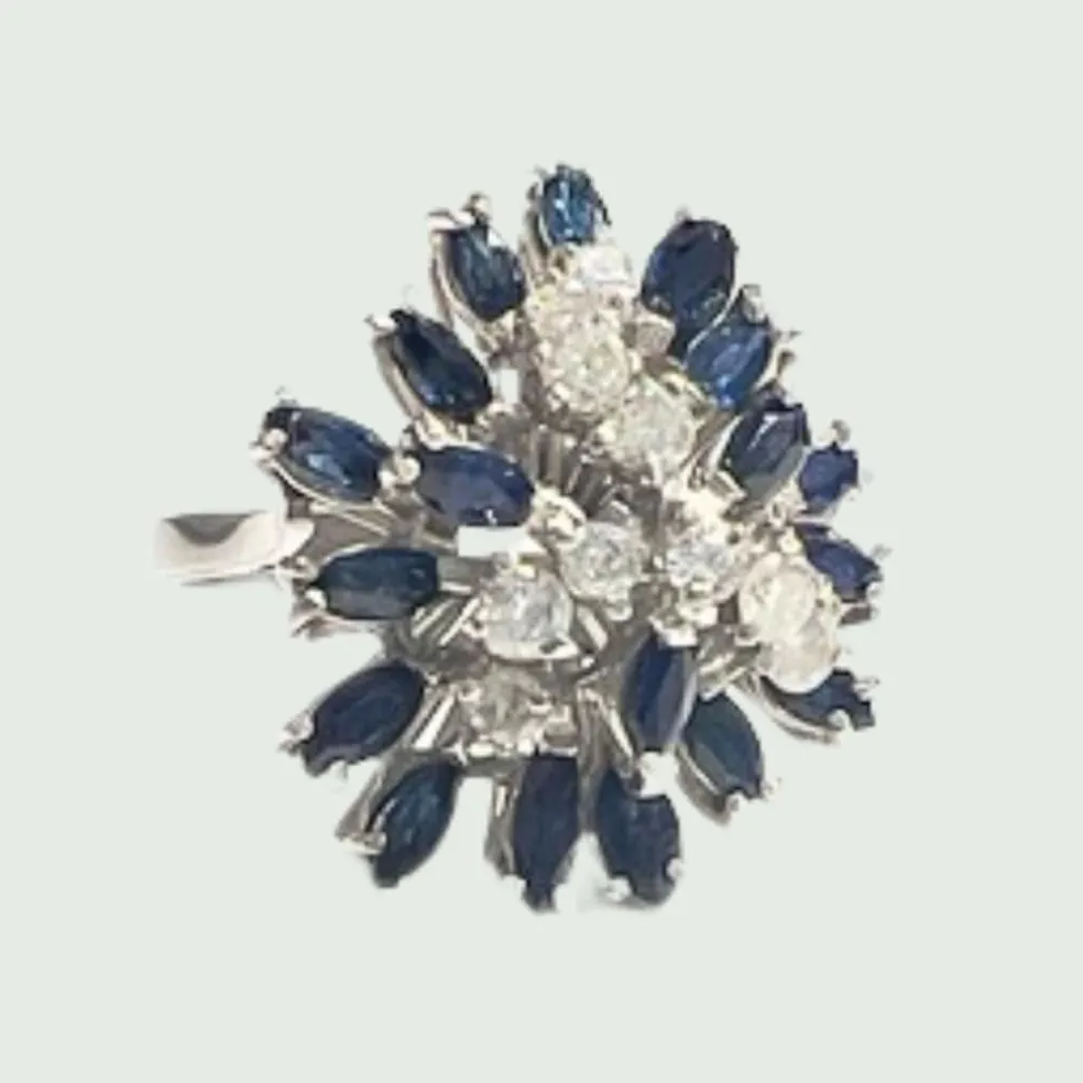 Bague rétro Or blanc Diamants Saphirs