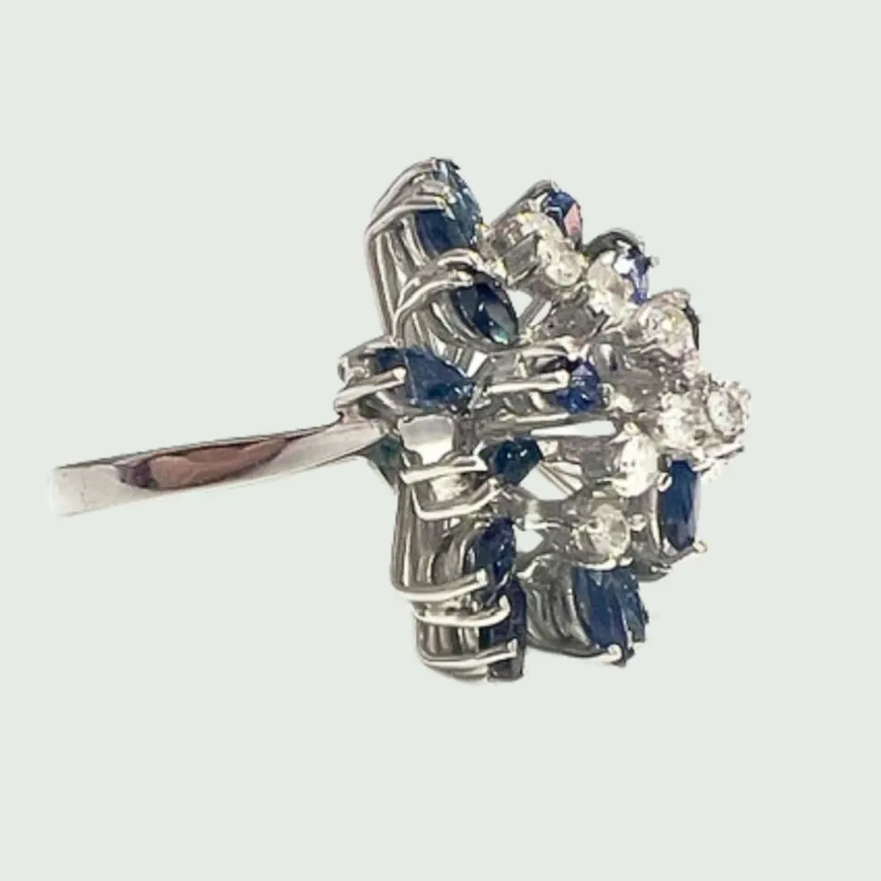 Bague rétro Or blanc Diamants Saphirs