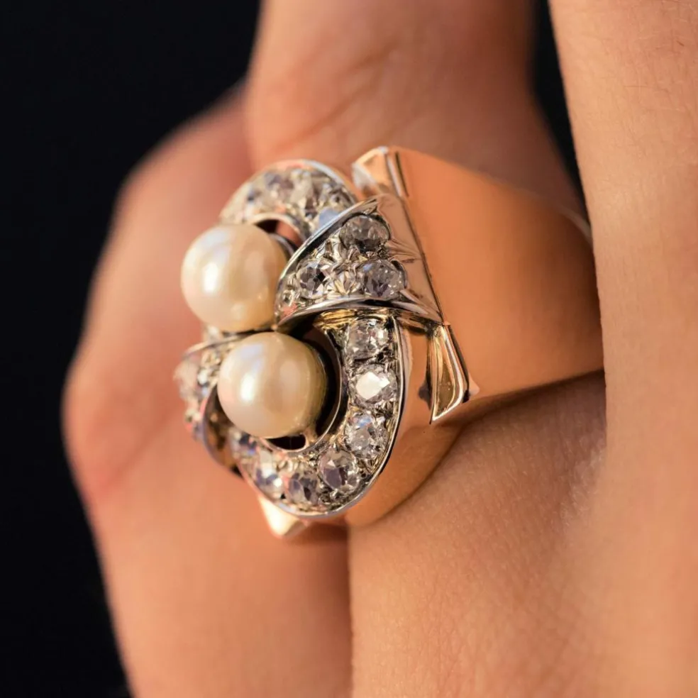 Bague rétro perles et diamants