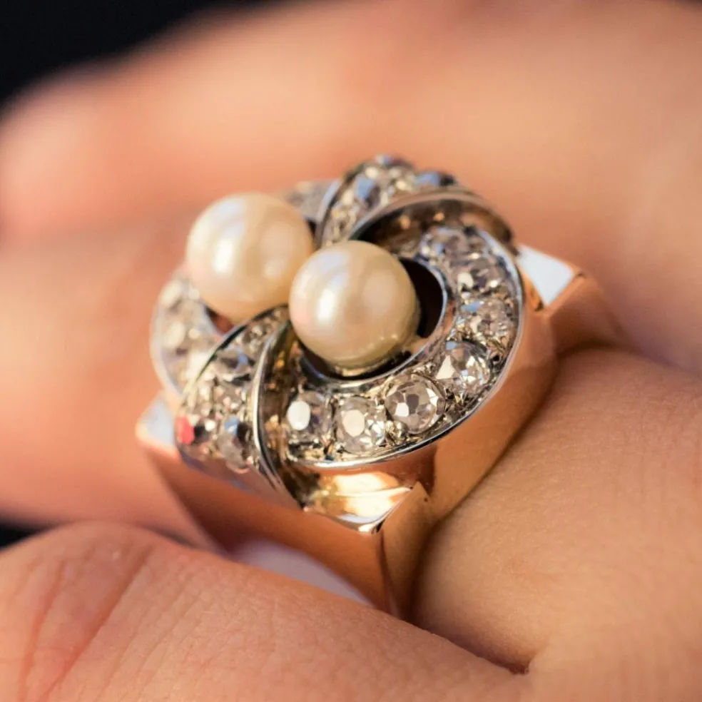 Bague rétro perles et diamants
