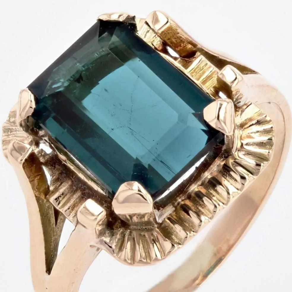 Bague rétro tourmaline indigolite en or