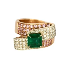 Bague ruban or rose, émeraude et saphirs roses
