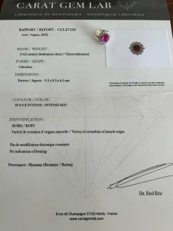 Bague rubis birman non chauffé 3.63 Carats diamants platine or jaune (Certificat)