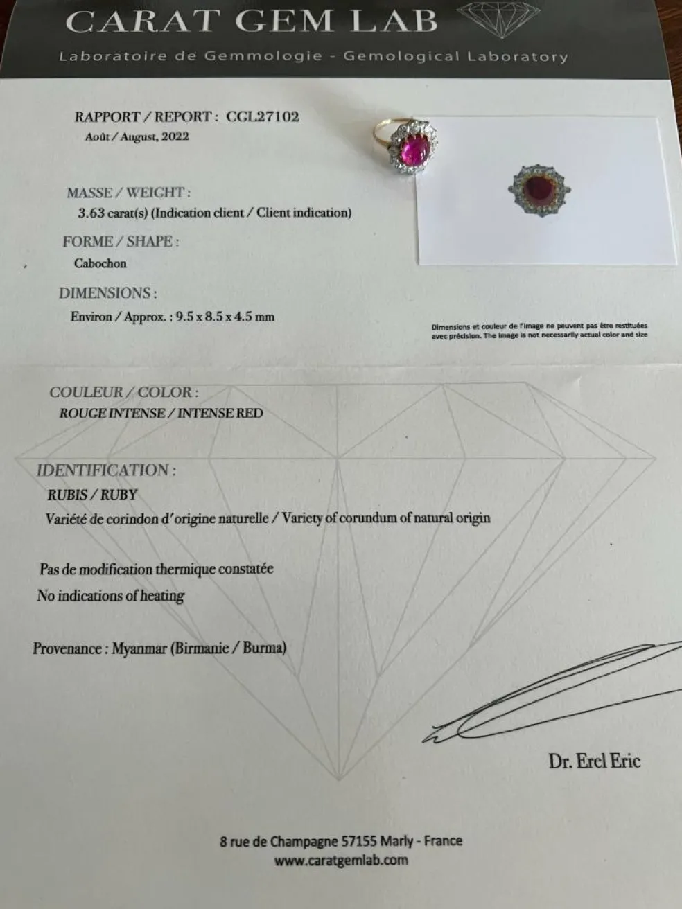 Bague rubis birman non chauffé 3.63 Carats diamants platine or jaune (Certificat)