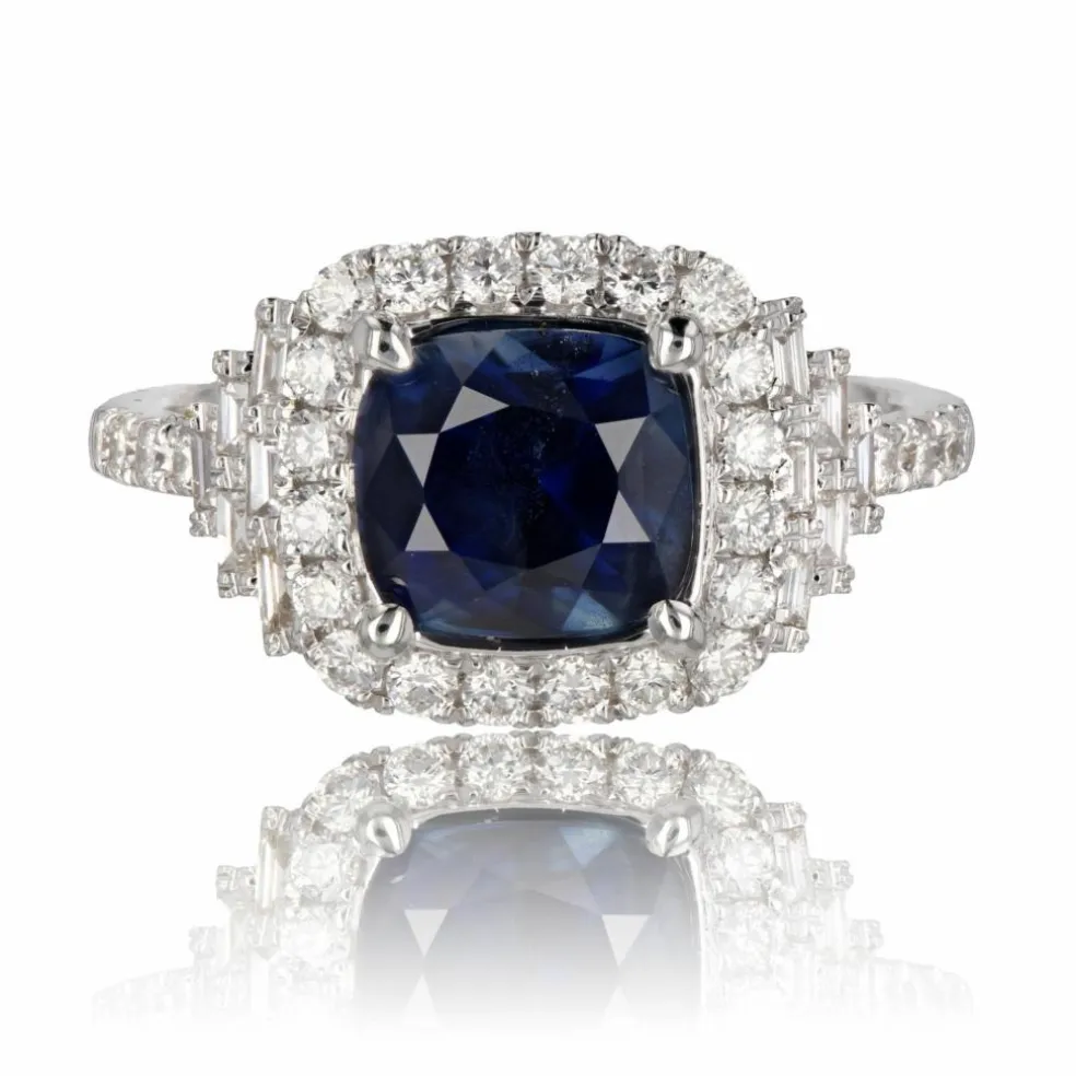 Bague saphir de Ceylan coussin et diamants