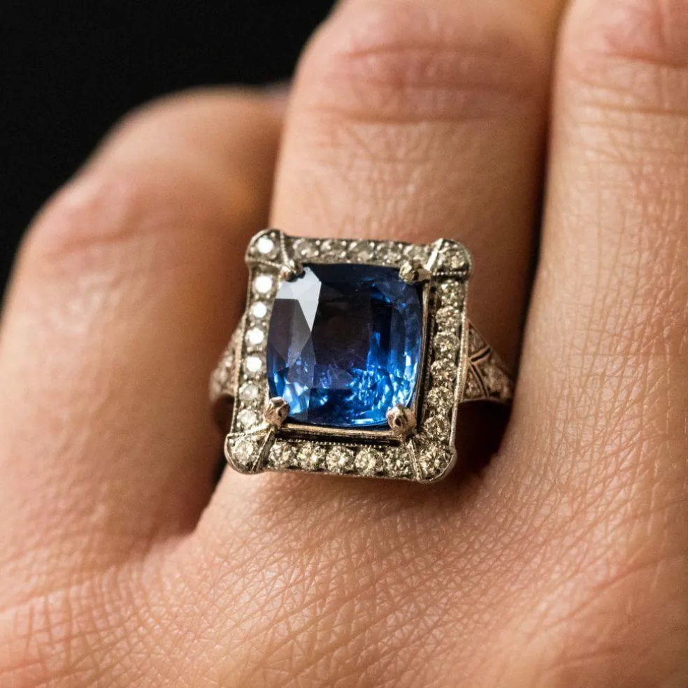 Bague Saphir de Ceylan et Diamants Art déco
