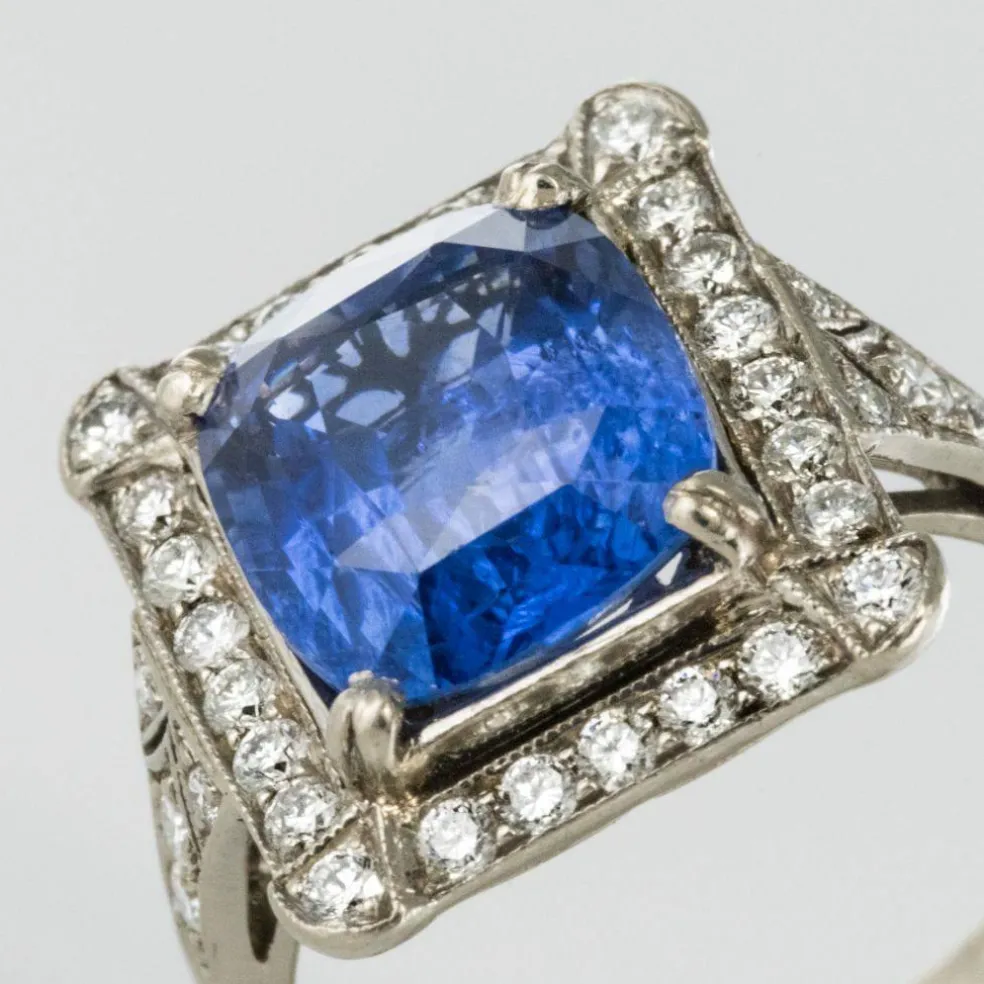 Bague Saphir de Ceylan et Diamants Art déco