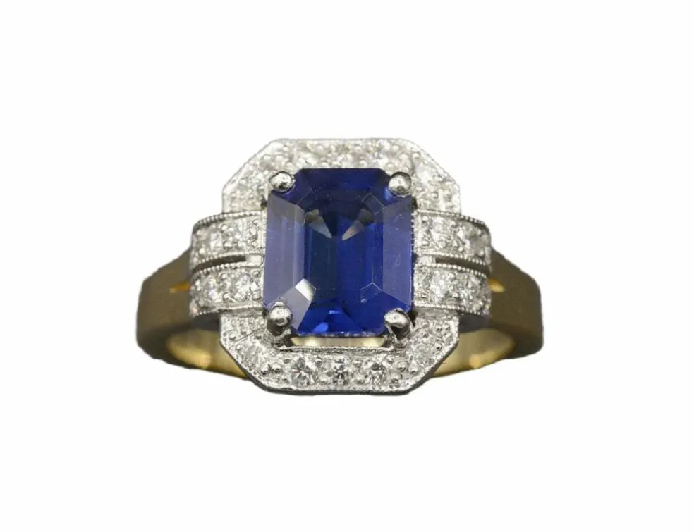 Bague Saphir rectangle pans coupés Style Art Déco