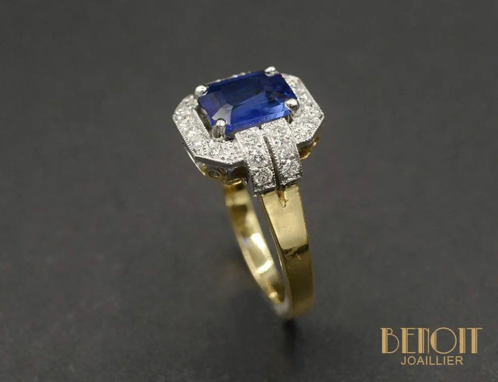 Bague Saphir rectangle pans coupés Style Art Déco