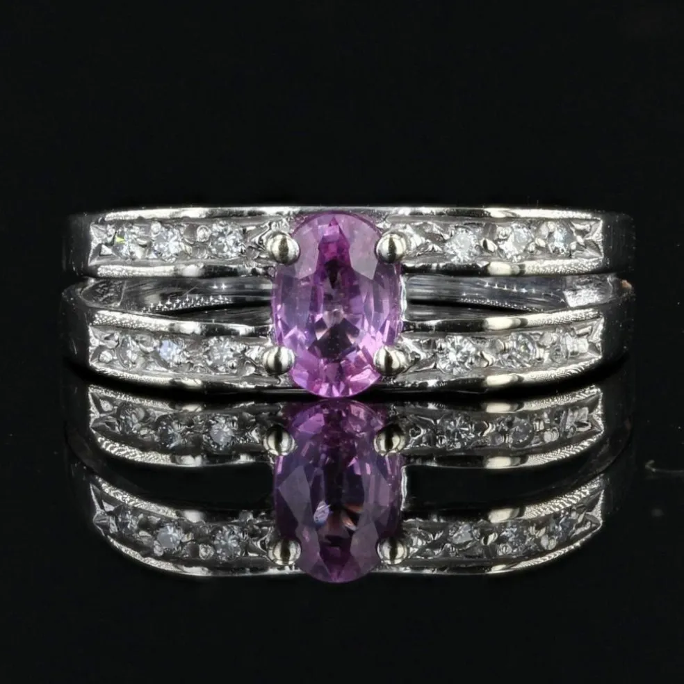 Bague saphir rose diamants or blanc