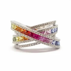 Bague saphirs multicolores diamants or blanc