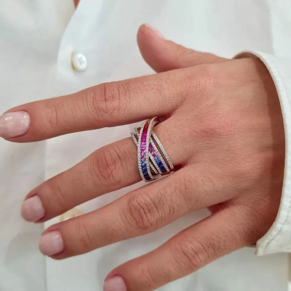 Bague saphirs multicolores diamants or blanc