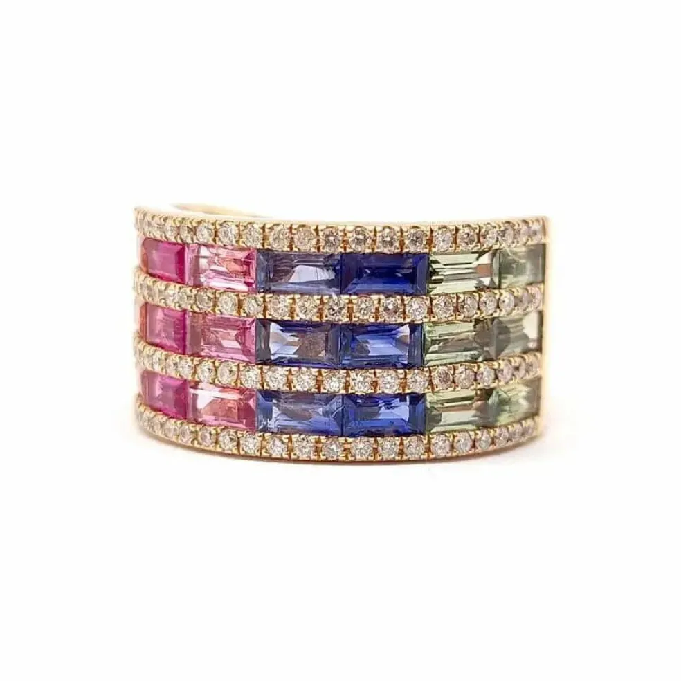 Bague saphirs multicolores diamants or rose