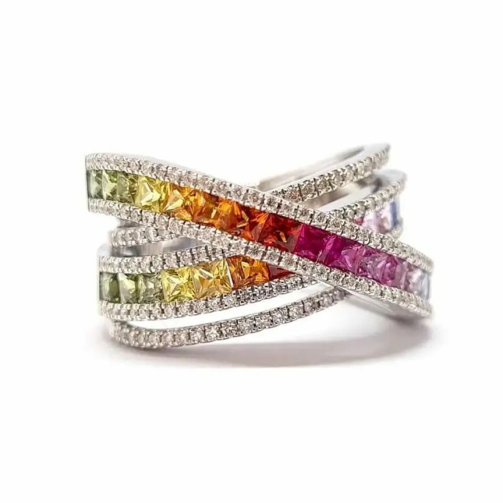 Bague saphirs multicolores diamants or blanc