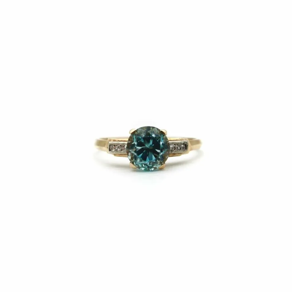 Bague solitaire Art déco en or 14 carats avec zircon et diamant