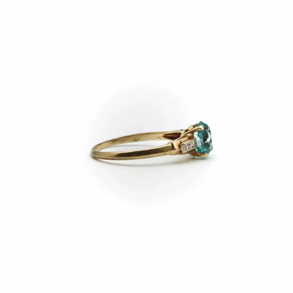 Bague solitaire Art déco en or 14 carats avec zircon et diamant