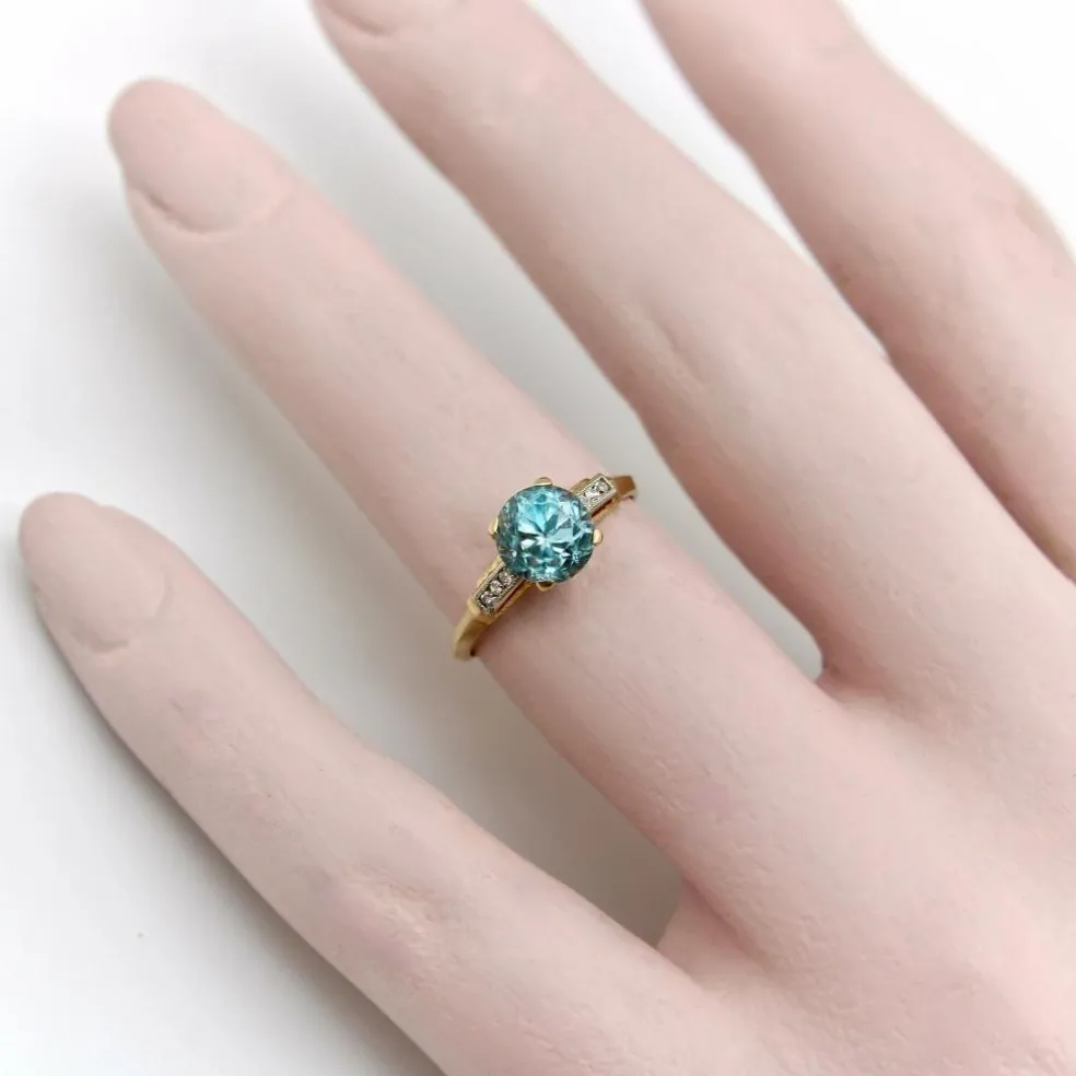 Bague solitaire Art déco en or 14 carats avec zircon et diamant