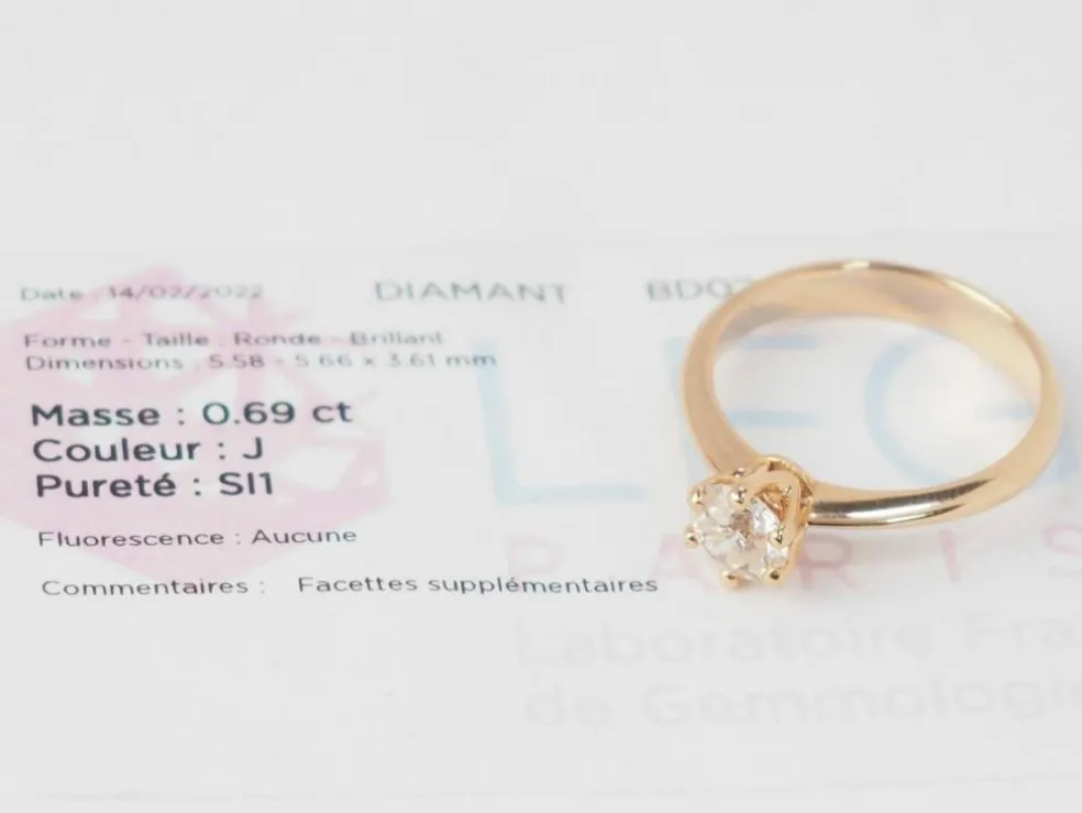 Bague solitaire en or rose et diamant 0.69ct certifié
