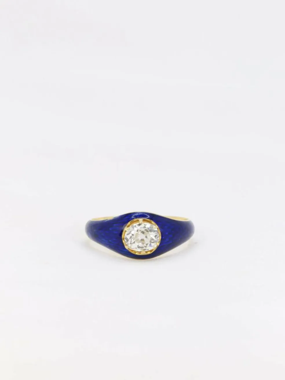 Bague solitaire émail bleu diamant taille ancienne