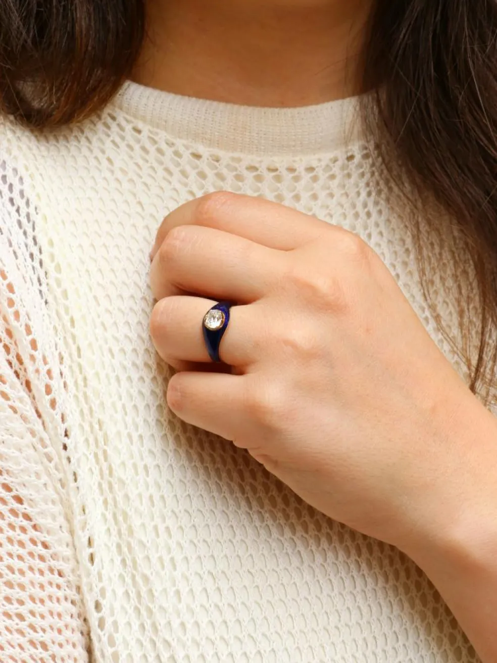 Bague solitaire émail bleu diamant taille ancienne