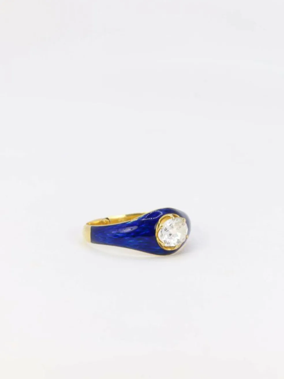 Bague solitaire émail bleu diamant taille ancienne