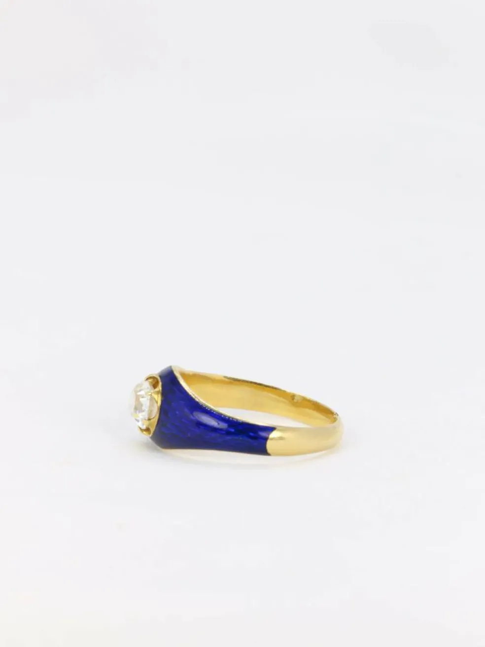 Bague solitaire émail bleu diamant taille ancienne