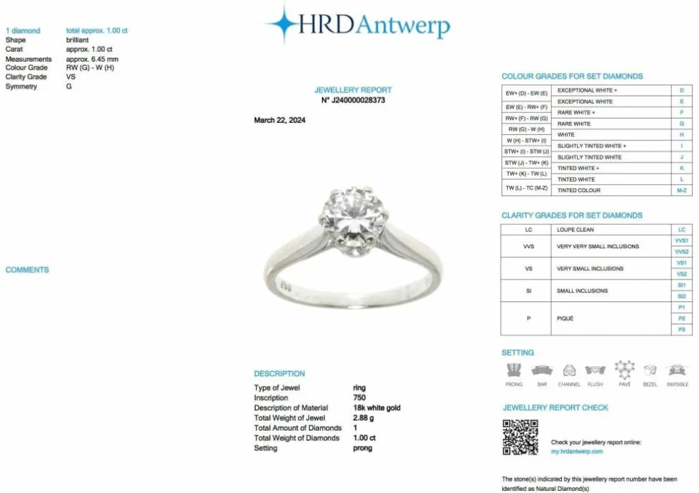 Bague solitaire or blanc certifiée HRD avec diamant naturel de 1,00 carat
