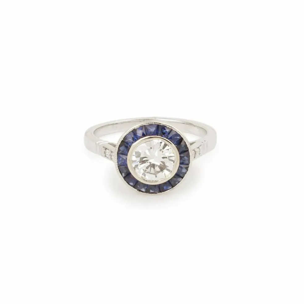 Bague Style Art Déco Diamants Saphirs Or Gris