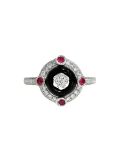 Bague style art déco diamants, onyx et rubis