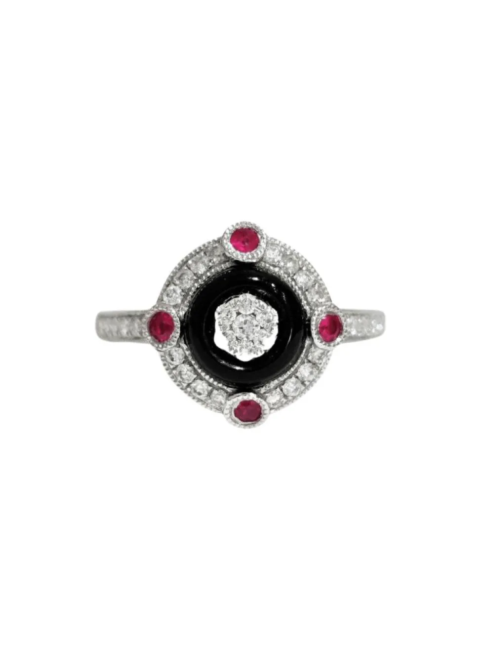 Bague style art déco diamants, onyx et rubis