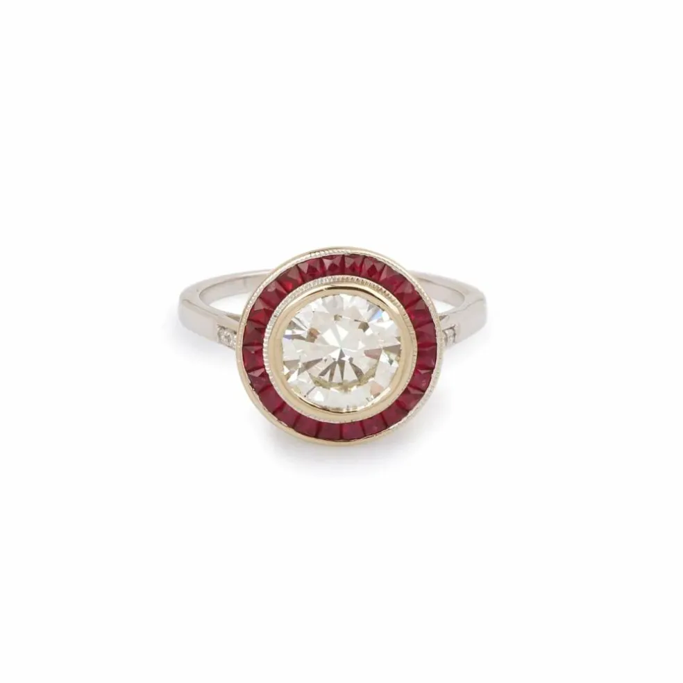 Bague Style Art Déco Diamants Rubis Or Gris (Certificat)