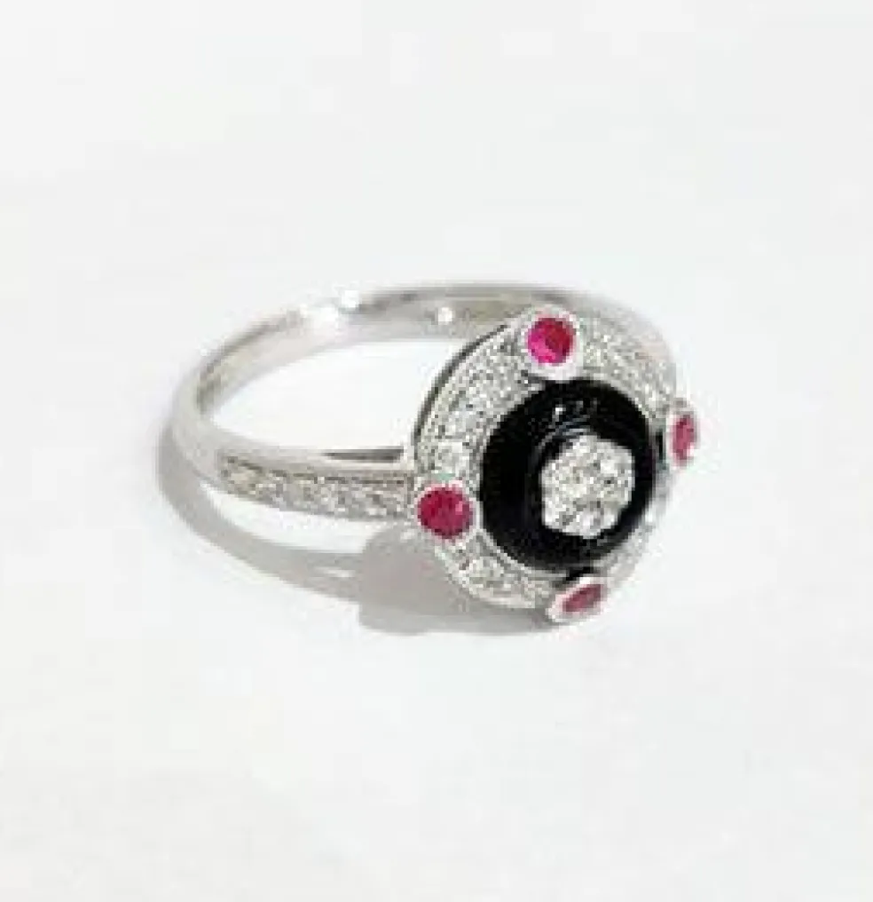 Bague style art déco diamants, onyx et rubis