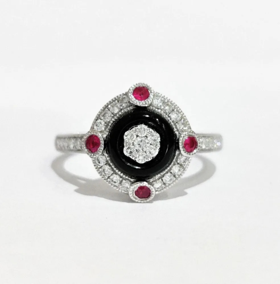 Bague style art déco diamants, onyx et rubis