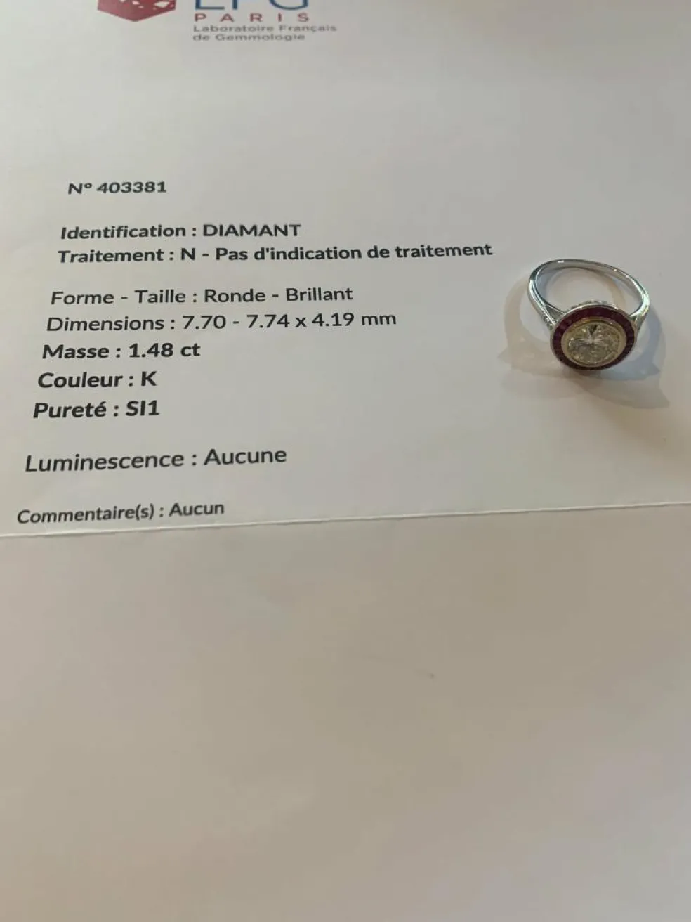 Bague Style Art Déco Diamants Rubis Or Gris (Certificat)