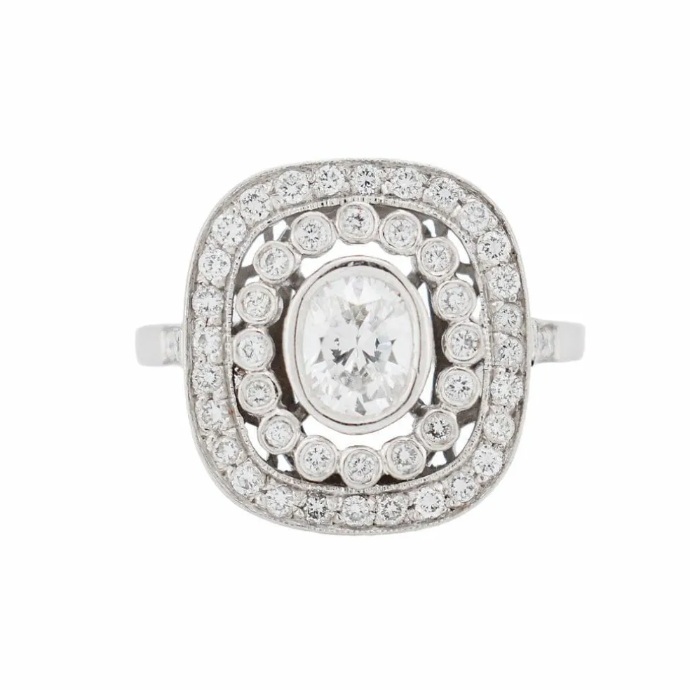 Bague style Art Déco double halo platine diamants