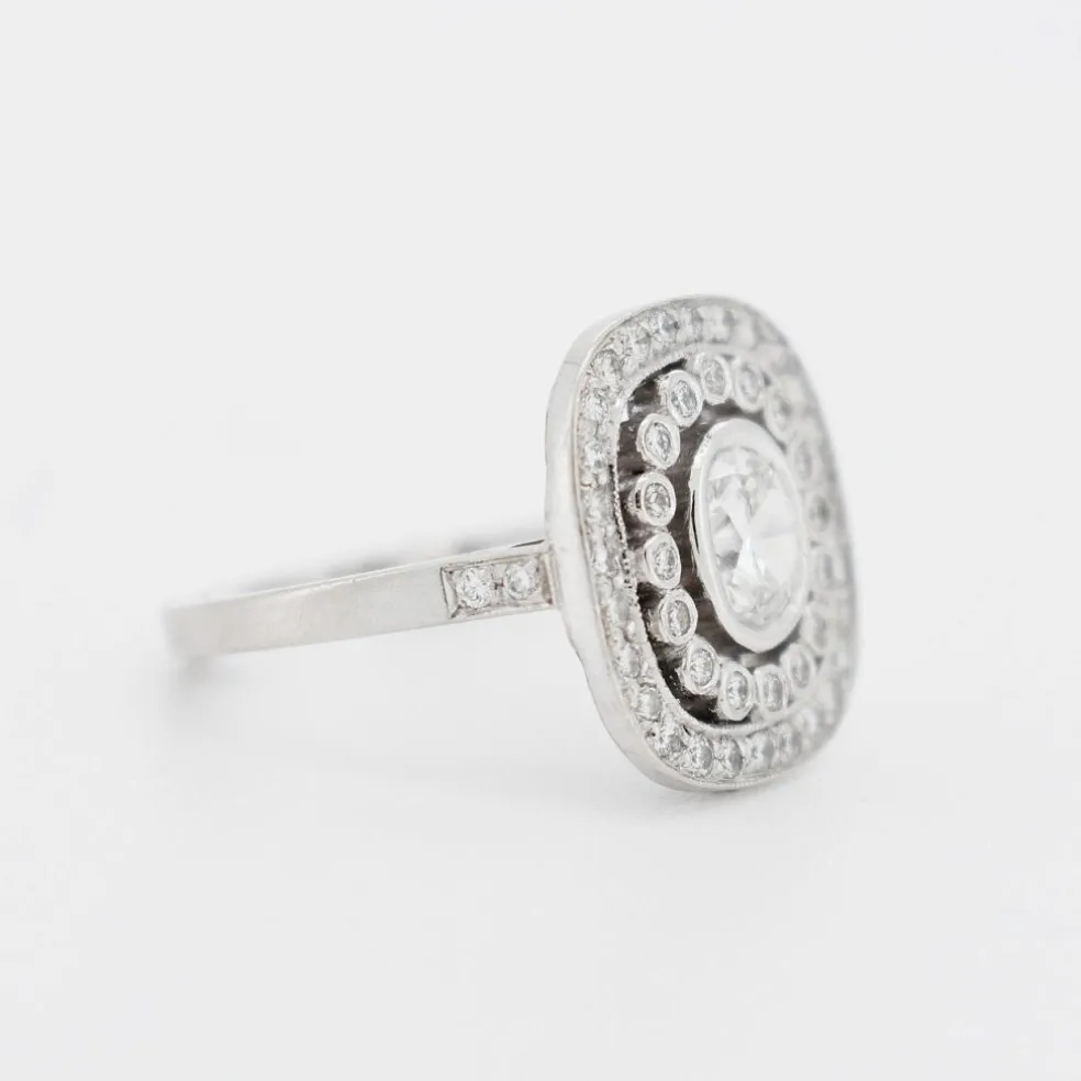 Bague style Art Déco double halo platine diamants