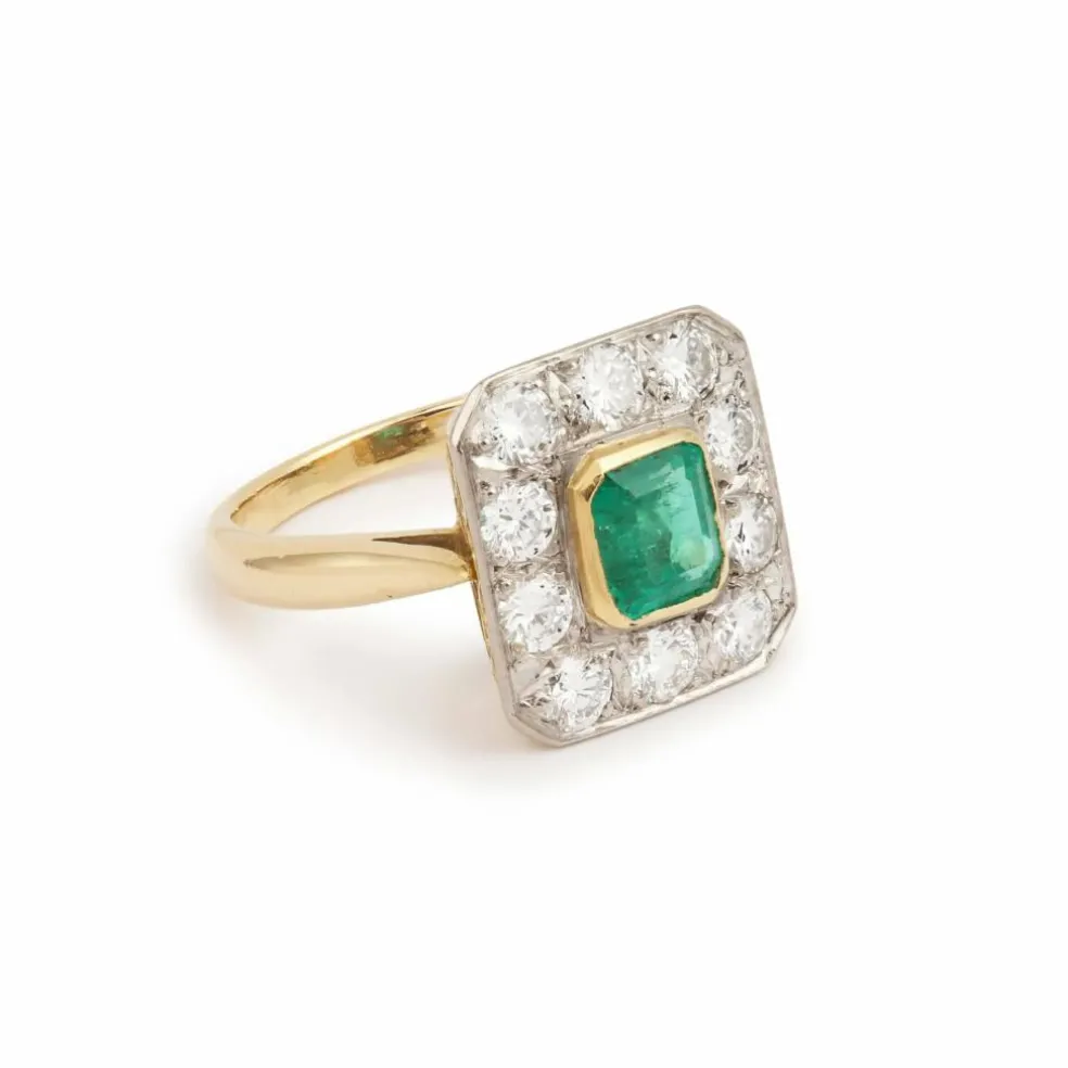 Bague Style Art Déco Emeraude Colombienne, Diamants