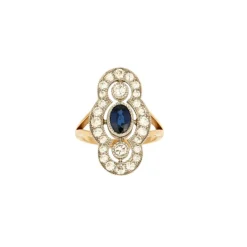 Bague Style Art Déco or jaune platine diamants saphir