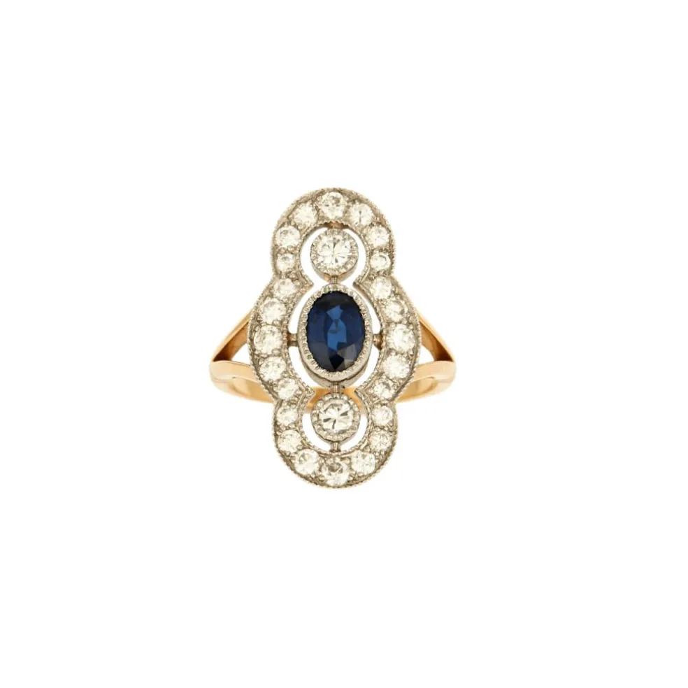Bague Style Art Déco or jaune platine diamants saphir