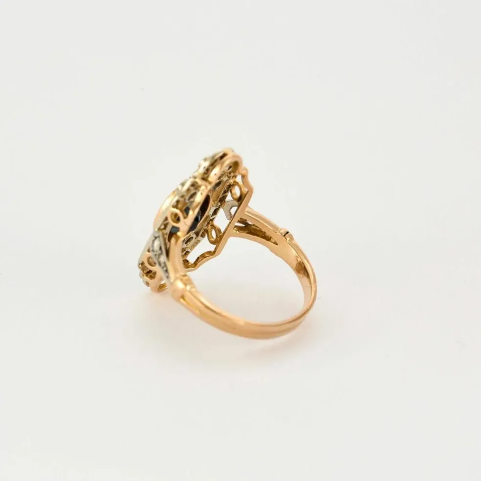 Bague Style Art Déco or jaune et blanc Saphir et Diamants