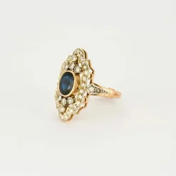 Bague Style Art Déco or jaune et blanc Saphir et Diamants