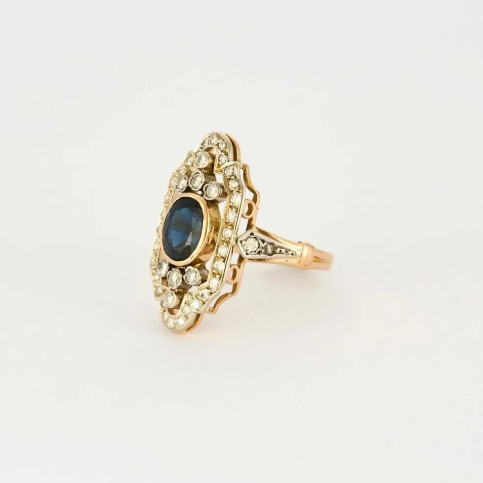 Bague Style Art Déco or jaune et blanc Saphir et Diamants
