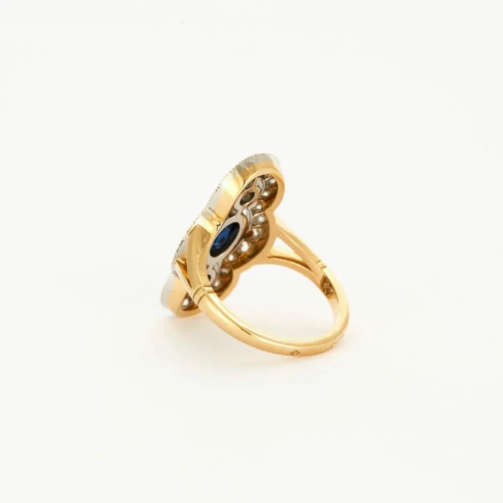 Bague Style Art Déco or jaune platine diamants saphir