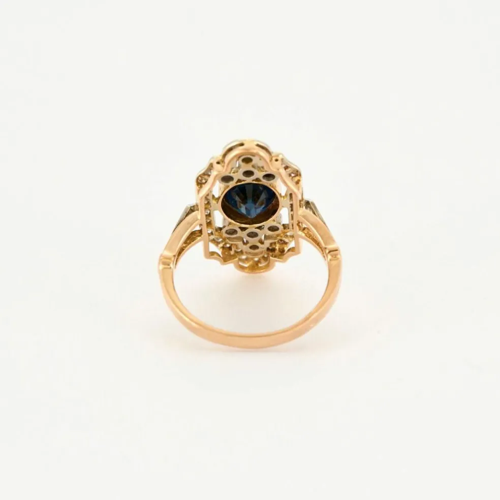 Bague Style Art Déco or jaune et blanc Saphir et Diamants