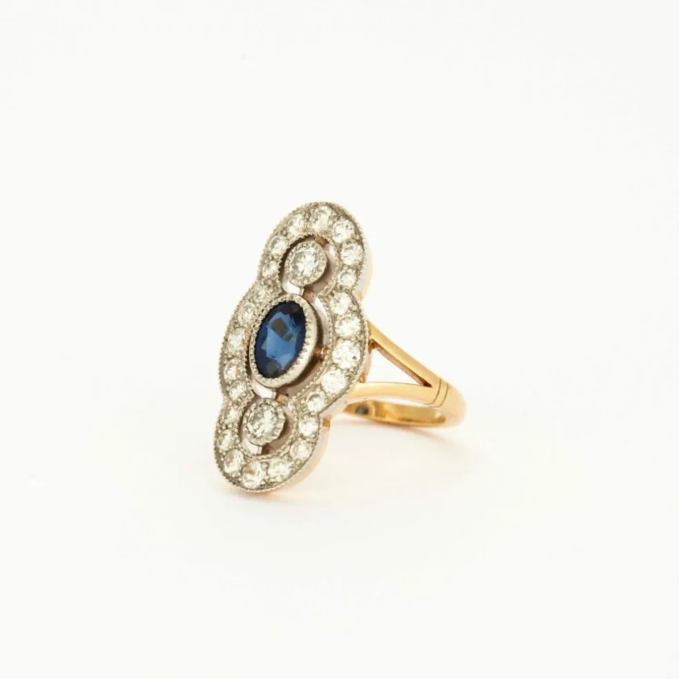 Bague Style Art Déco or jaune platine diamants saphir