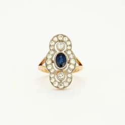 Bague Style Art Déco or jaune platine diamants saphir