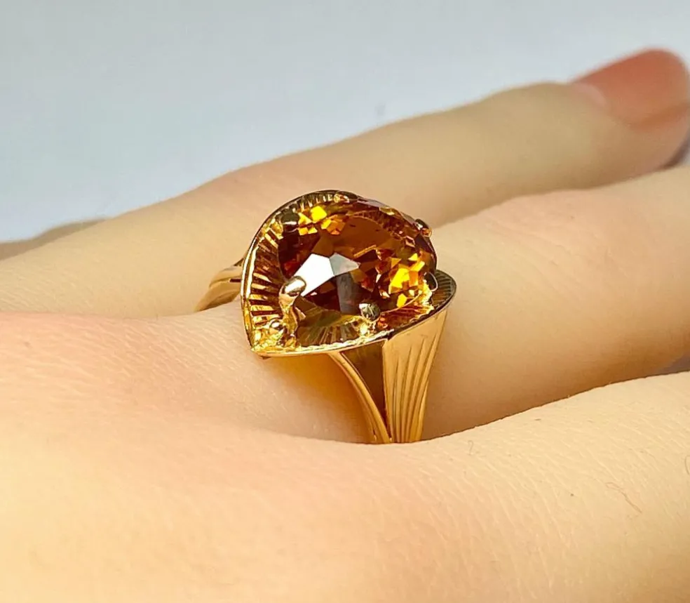 Bague style Art Déco or rose citrine