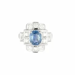 Bague style Art Déco saphir de Ceylan diamants