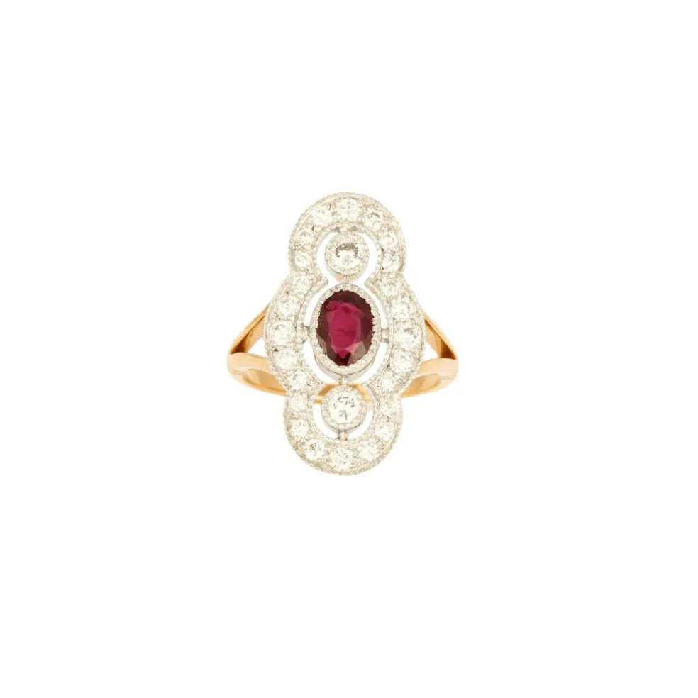 Bague Style Art Deco en or jaune, platine, diamants et centre Rubis