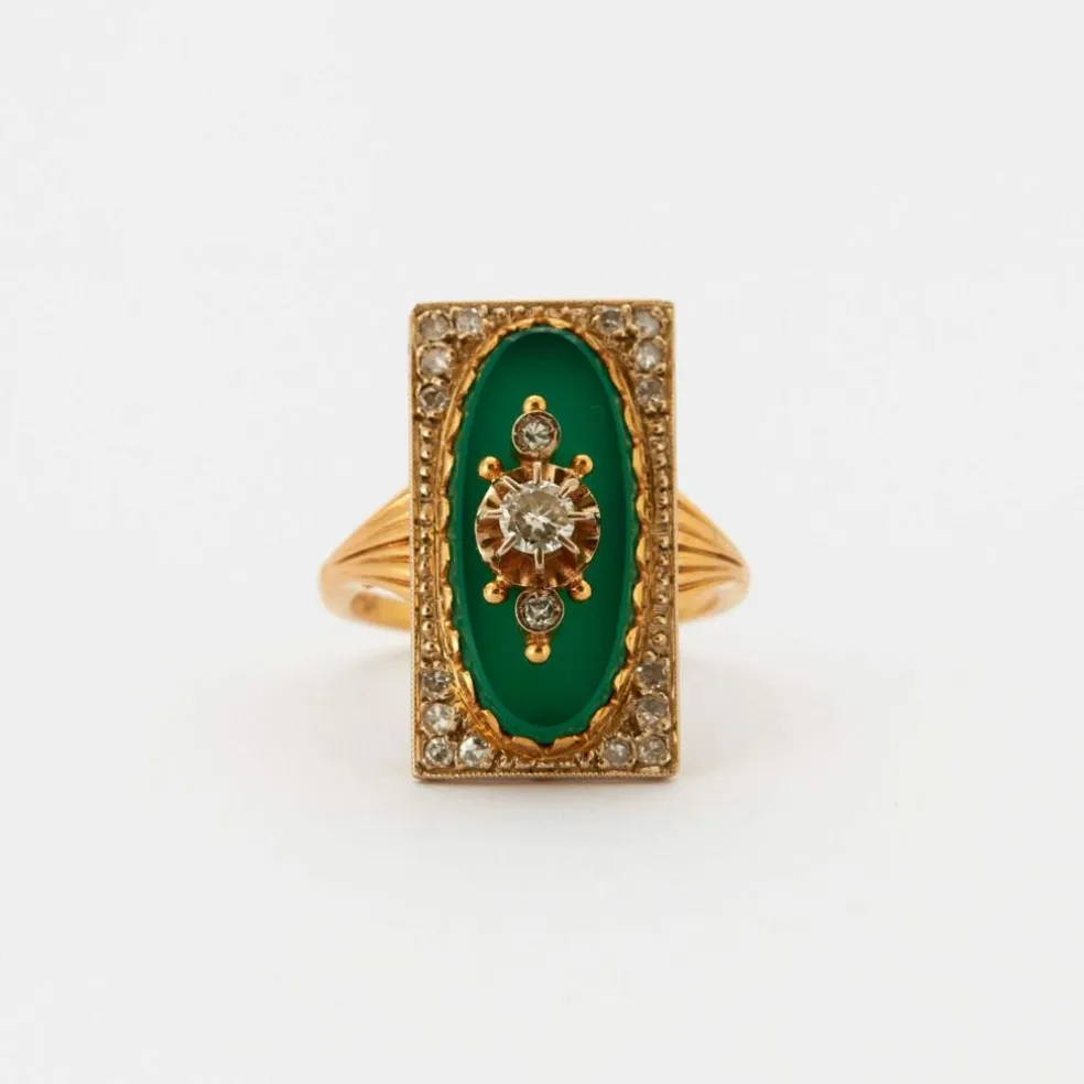 Bague style Napoléon III Diamants Or Jaune Agate Verte